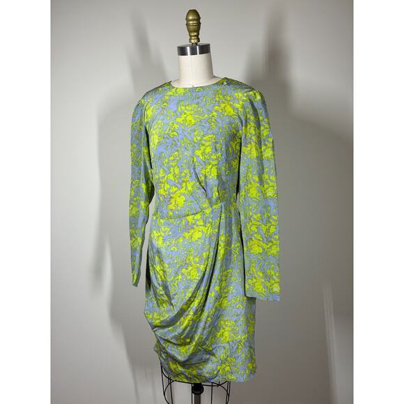 Hunter Dixon Silk Shift Dress 6 Long Sleeve Gray Colorful Gathered Draped - Picture 1 of 16